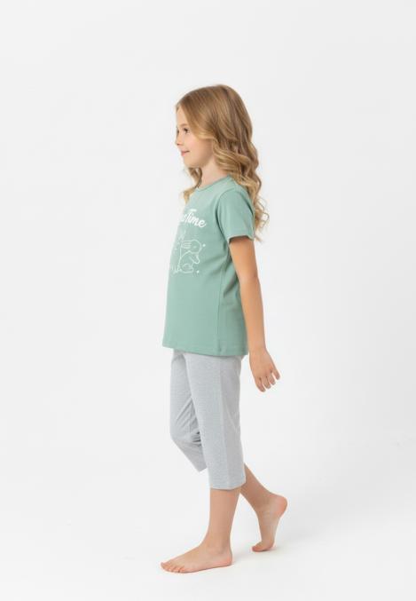 Pijama copii cu maneca scurta si pantaloni 3/4,culoare verde deschis, Engros